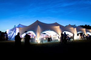 Marston moor wedding marquee lit up in the evening